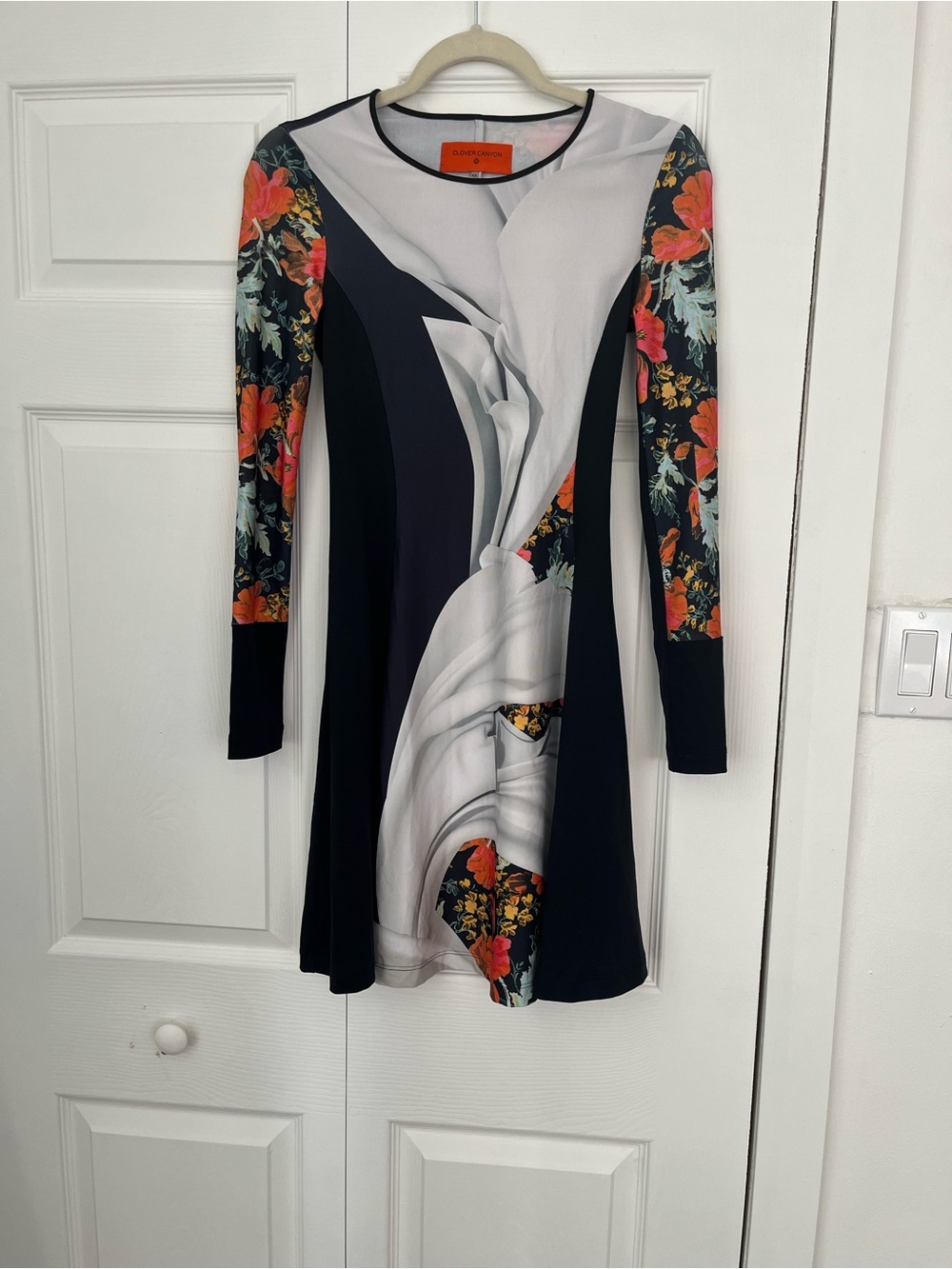 Clover Canyon Black & White Floral-Panel Midi Dress with Orange Accents